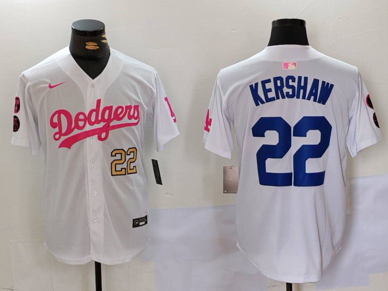 Men Los Angeles Dodgers #22 Kershaw White pink joint name 2024 Nike MLB Jersey style 3